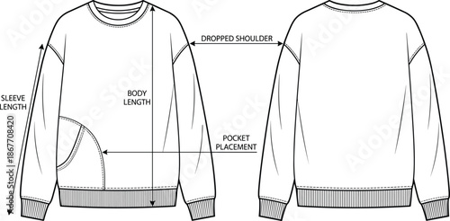Pullover sweatshirt front back view, dropped shoulder design, sleeve length body length pocket placement ribbed cuffs hem fashion garment flat vector illustration