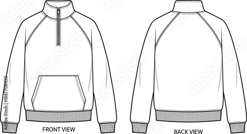 Quarter zip pullover sweatshirt front back view, raglan sleeves, kangaroo pocket, ribbed cuffs hem fashion garment design flat vector illustration