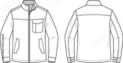 Two tone zip jacket front back view, stand collar, chest pocket flap, slanted side pockets fashion garment design flat vector illustration