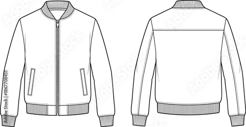 Bomber jacket front back view, central zipper closure, welt pockets, ribbed collar cuffs hem fashion garment design flat vector illustration