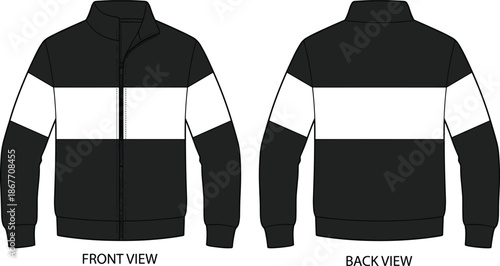 Color block jacket front back view, high collar zipper closure, black white panels modern fashion garment design flat vector illustration