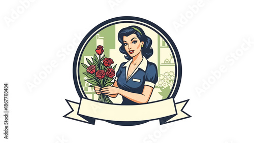 Vintage pin-up style vector illustration of a woman florist created for boutique logo badges and floral branding, using flat solid colors, retro shop scene, and emblem layout