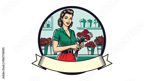 Vintage pin-up style vector illustration of a woman florist created for boutique logo badges and floral branding, using flat solid colors, retro shop scene, and emblem layout