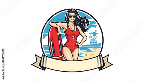 Vintage pin-up style vector illustration of a female lifeguard created for safety logo badges and beach branding, using flat solid colors, retro seaside scene, and emblem layout