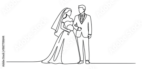 Minimalist black line illustration of bride and groom in wedding attire, symbolizing love, unity, and traditional ceremony