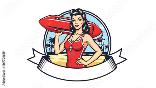 Vintage pin-up style vector illustration of a female lifeguard created for safety logo badges and beach branding, using flat solid colors, retro seaside scene, and emblem layout