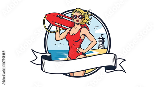 Vintage pin-up style vector illustration of a female lifeguard created for safety logo badges and beach branding, using flat solid colors, retro seaside scene, and emblem layout