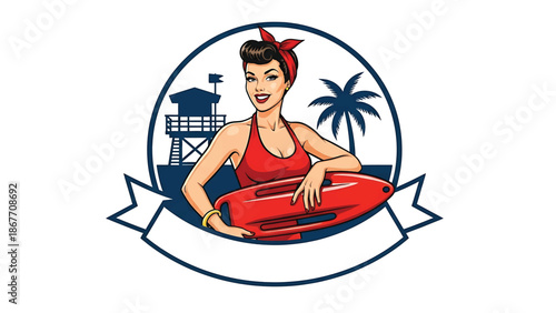 Vintage pin-up style vector illustration of a female lifeguard created for safety logo badges and beach branding, using flat solid colors, retro seaside scene, and emblem layout