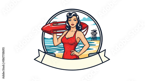 Vintage pin-up style vector illustration of a female lifeguard created for safety logo badges and beach branding, using flat solid colors, retro seaside scene, and emblem layout