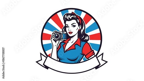 Vintage pin-up style vector illustration of a female photographer designed for creative logo badges, featuring flat solid colors, retro studio scene, and emblem-ready composition