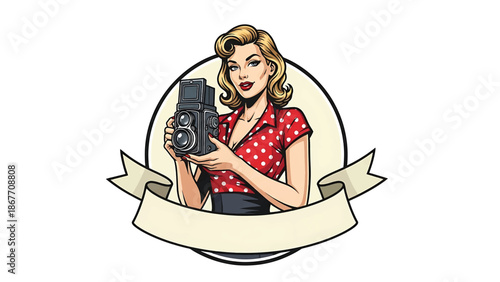 Vintage pin-up style vector illustration of a female photographer designed for creative logo badges, featuring flat solid colors, retro studio scene, and emblem-ready composition
