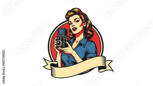 Vintage pin-up style vector illustration of a female photographer designed for creative logo badges, featuring flat solid colors, retro studio scene, and emblem-ready composition