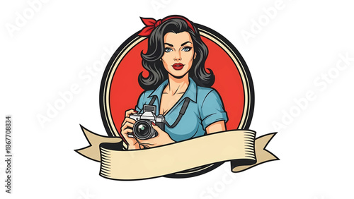 Vintage pin-up style vector illustration of a female photographer designed for creative logo badges, featuring flat solid colors, retro studio scene, and emblem-ready composition