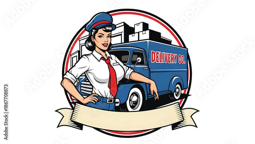 Vintage pin-up style vector illustration of a female delivery driver designed for logistics logo badges, featuring flat solid colors, retro truck scene, and emblem composition