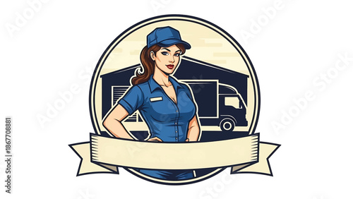 Vintage pin-up style vector illustration of a female delivery driver designed for logistics logo badges, featuring flat solid colors, retro truck scene, and emblem composition