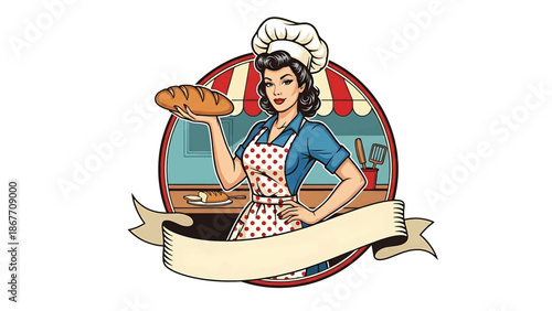 Vintage pin-up style vector illustration of a woman baker created for food logo badges and bakery branding, using flat solid colors, retro bakery scene, and emblem layout
