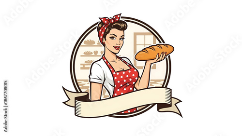 Vintage pin-up style vector illustration of a woman baker created for food logo badges and bakery branding, using flat solid colors, retro bakery scene, and emblem layout