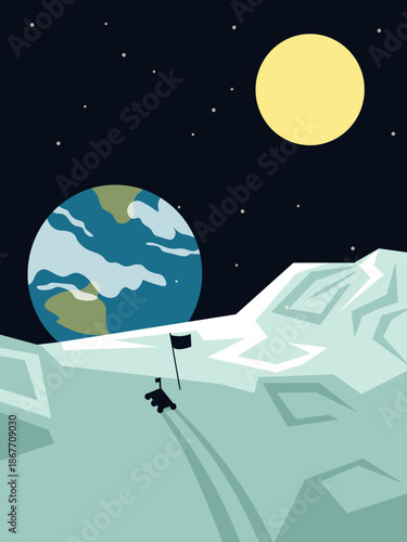 Landscape from the moon. The lunar rover is standing in front of a flag, and the earth and the sun are visible in the sky