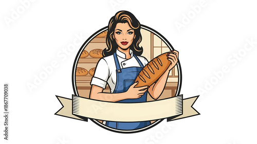 Vintage pin-up style vector illustration of a woman baker created for food logo badges and bakery branding, using flat solid colors, retro bakery scene, and emblem layout