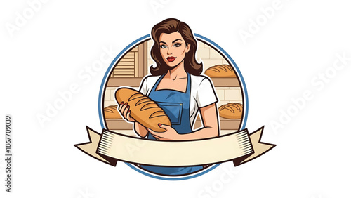 Vintage pin-up style vector illustration of a woman baker created for food logo badges and bakery branding, using flat solid colors, retro bakery scene, and emblem layout