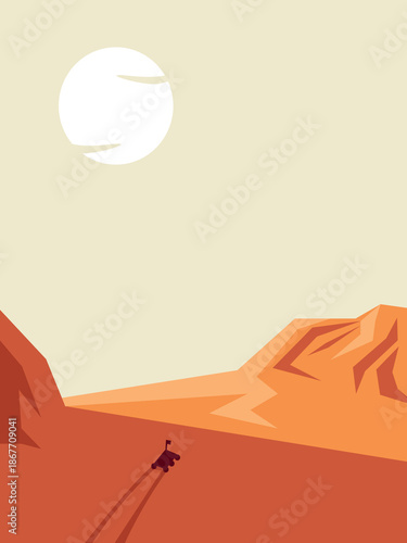 Landscape of the planet Mars in a flat style. The Mars rover is driving on the surface of the planet, with a high-angle view of the mountains of Mars and the sun in the sky