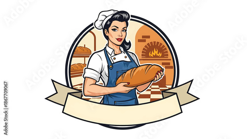 Vintage pin-up style vector illustration of a woman baker created for food logo badges and bakery branding, using flat solid colors, retro bakery scene, and emblem layout