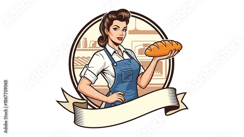 Vintage pin-up style vector illustration of a woman baker created for food logo badges and bakery branding, using flat solid colors, retro bakery scene, and emblem layout