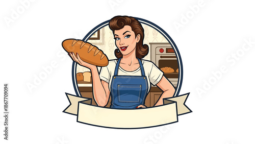 Vintage pin-up style vector illustration of a woman baker created for food logo badges and bakery branding, using flat solid colors, retro bakery scene, and emblem layout