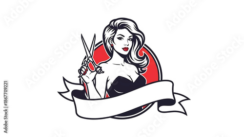 Vintage pin-up style vector illustration of a female hairstylist created for beauty logo badges and salon branding, using flat solid colors, retro salon scene, and emblem layout