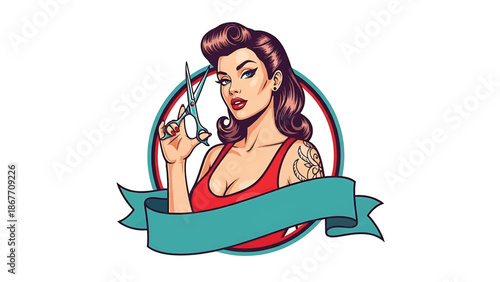 Vintage pin-up style vector illustration of a female hairstylist created for beauty logo badges and salon branding, using flat solid colors, retro salon scene, and emblem layout