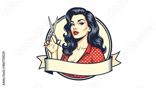 Vintage pin-up style vector illustration of a female hairstylist created for beauty logo badges and salon branding, using flat solid colors, retro salon scene, and emblem layout