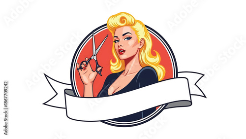 Vintage pin-up style vector illustration of a female hairstylist created for beauty logo badges and salon branding, using flat solid colors, retro salon scene, and emblem layout