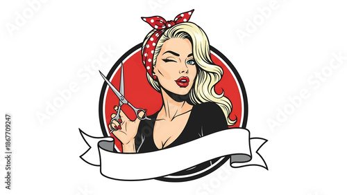 Vintage pin-up style vector illustration of a female hairstylist created for beauty logo badges and salon branding, using flat solid colors, retro salon scene, and emblem layout