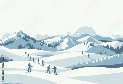 A vibrant illustration showcasing a picturesque winter landscape with groups of people skiing across snow-covered mountains under a bright sunrise