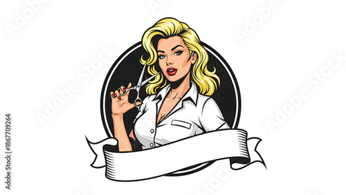 Vintage pin-up style vector illustration of a female hairstylist created for beauty logo badges and salon branding, using flat solid colors, retro salon scene, and emblem layout