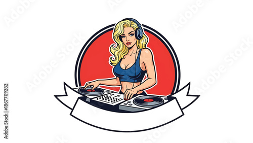 Vector logo badge of a pin-up style female DJ wearing headphones and mixing vinyl records, retro character illustration isolated on white, ideal for music branding, club logos, event promotion