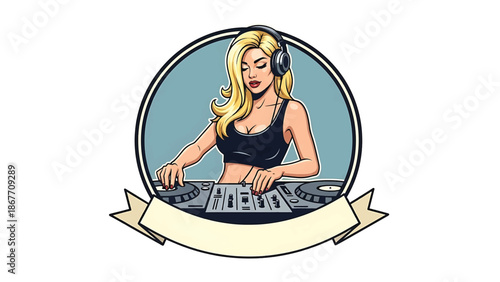 Vector logo badge of a pin-up style female DJ wearing headphones and mixing vinyl records, retro character illustration isolated on white, ideal for music branding, club logos, event promotion
