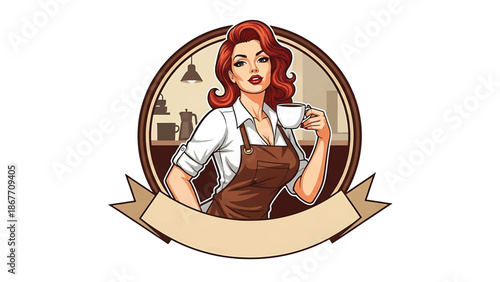 Vector logo badge of a pin-up style female barista, retro character illustration isolated on white, ideal for coffee branding, café logos, packaging, menus, and merchandise design