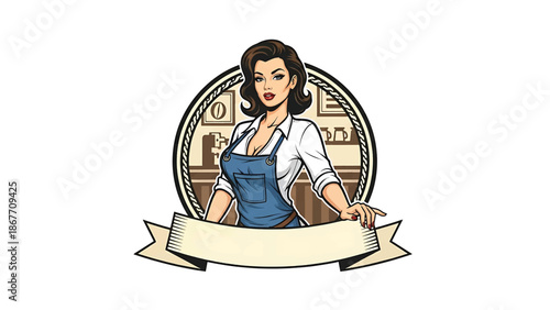 Vector logo badge of a pin-up style female barista, retro character illustration isolated on white, ideal for coffee branding, café logos, packaging, menus, and merchandise design