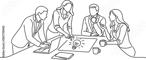 business people discussing ideas around a table with a light bulb