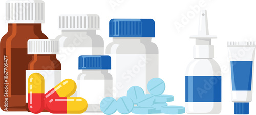 Variety of colorful medicine bottles and pills on display