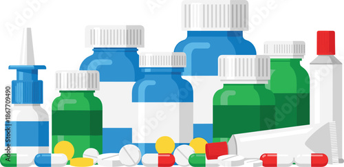 Colorful medicine bottles and pills on white background