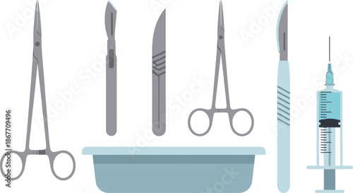 Surgical tools and syringe on sterile tray for medical procedures