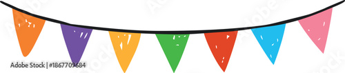 A bright, colorful garland of triangular flags on a rope, pencil drawing.