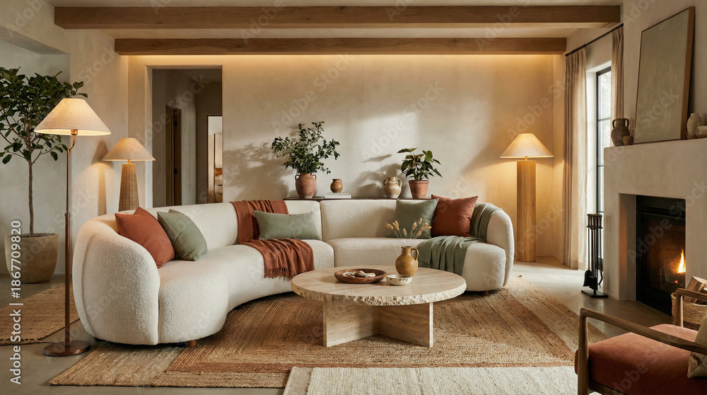 Naklejka premium Serene Living Room with Curved Sofa and Natural Textures