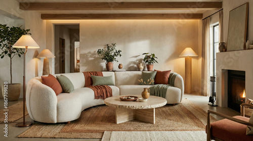 Serene Living Room with Curved Sofa and Natural Textures