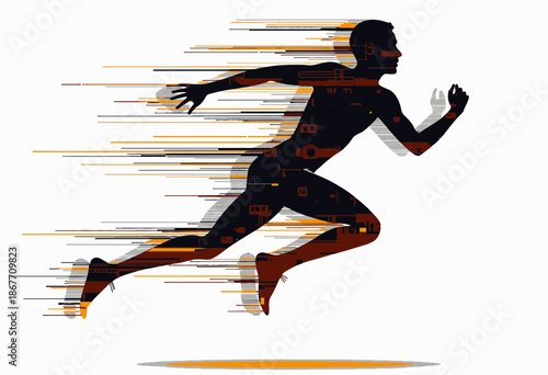 Dynamic Runner Silhouette Illustrating Speed and Motion with Digital Elements and Futuristic Design in a Vibrant Artistic Style
