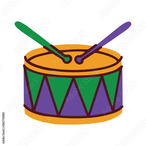 Decorative snare drum in purple green and gold colors for Fat Tuesday festivities. Musical equipment used by performers to create a rhythmic atmosphere during street parades.