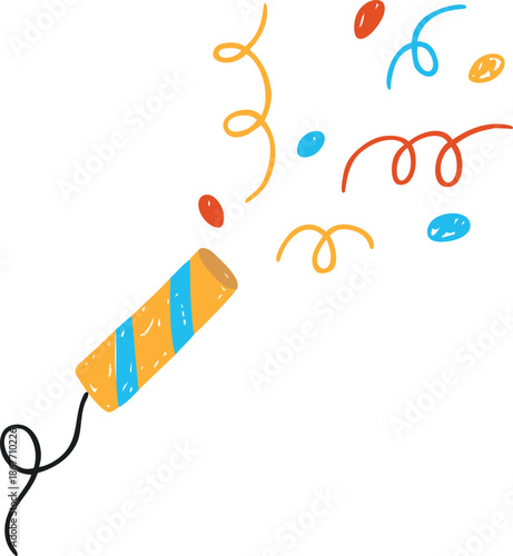 Yellow striped party popper with a bright burst of confit, hand-drawn pencil drawing.