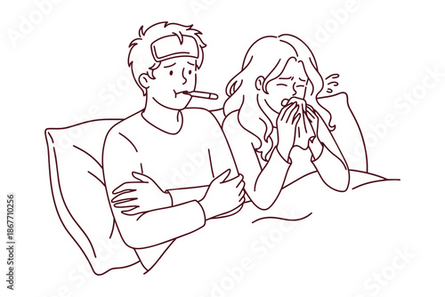 Line art of sneezing woman and man with thermometer under blanket. Outline illustration for medical guides, health education, or cold and flu season awareness materials.